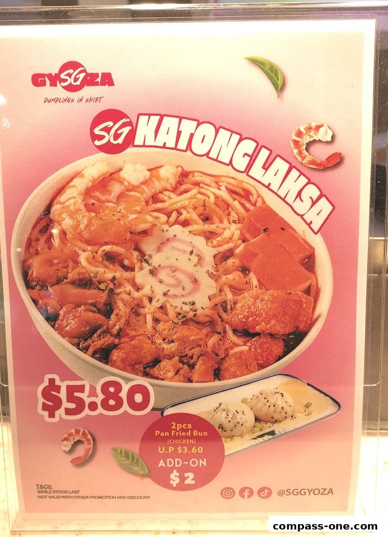 A menu board featuring SG Katong Laksa and an add-on of pan-fried buns.
