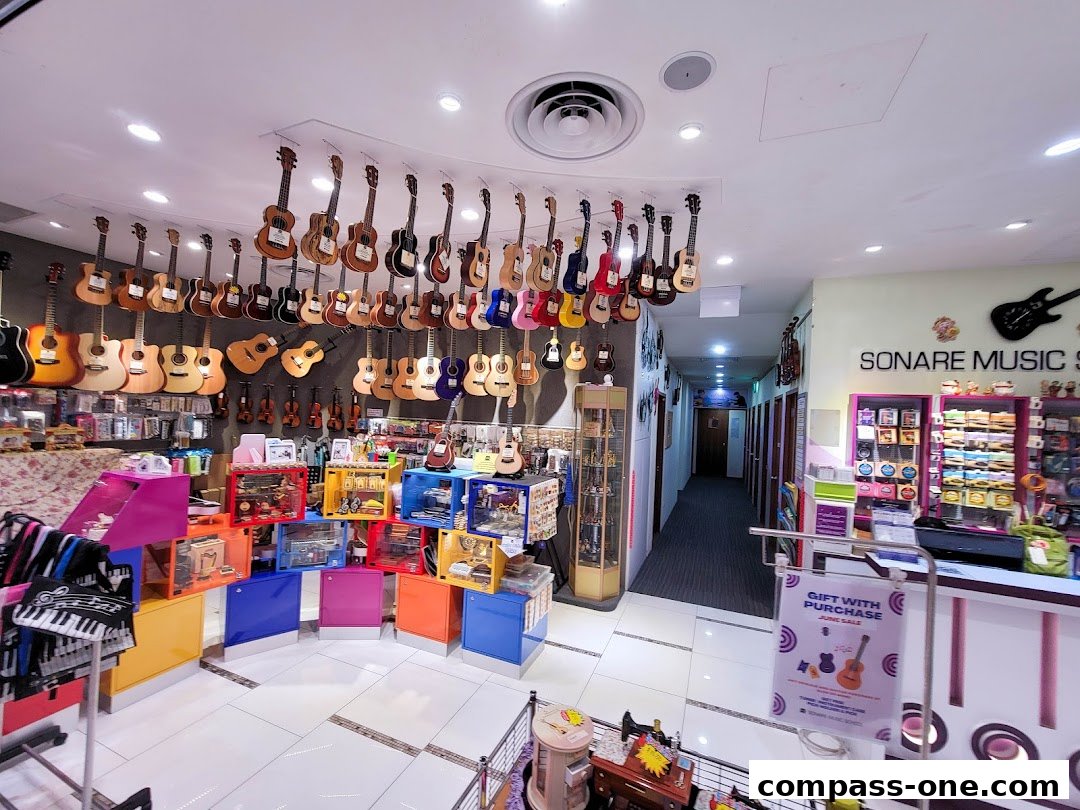 Interior of a music school with guitars and ukuleles displayed, and colorful display shelves.