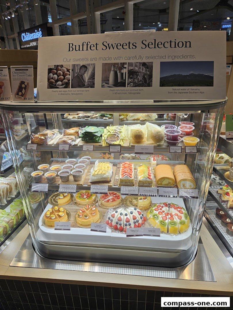 A display case filled with various cakes and desserts at Châteraisé.