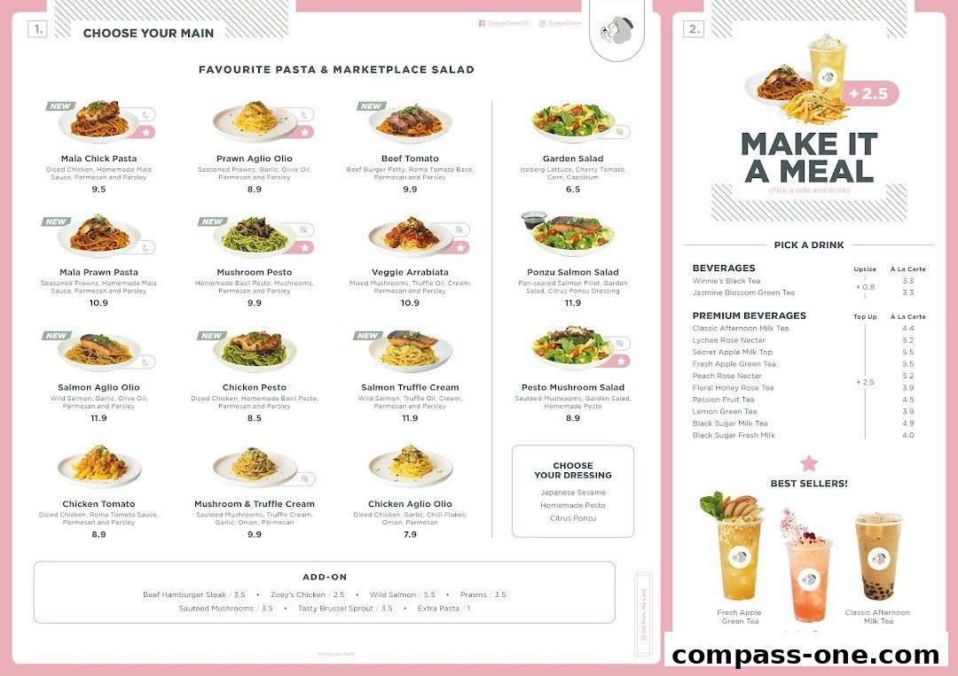 A menu from Zoeys featuring pasta, salads, beverages, and add-ons with prices.