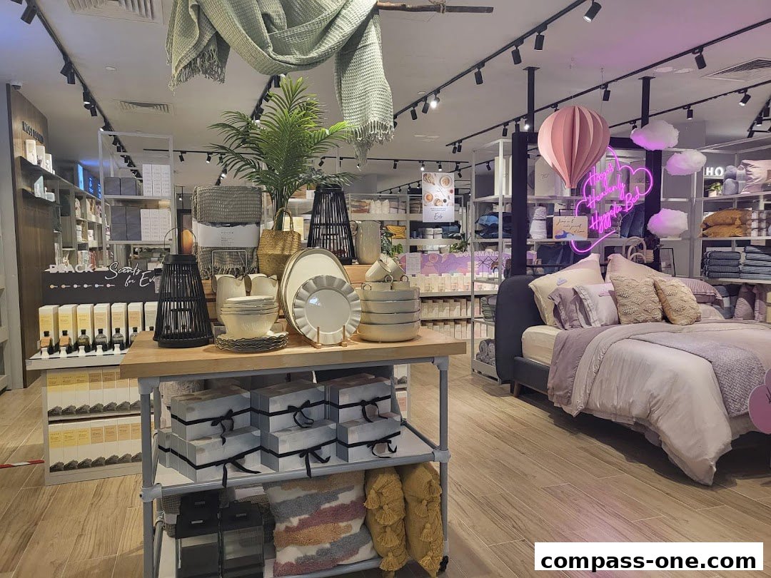 Interior view of a home decor store showcasing bedding, tableware, and decorative items.