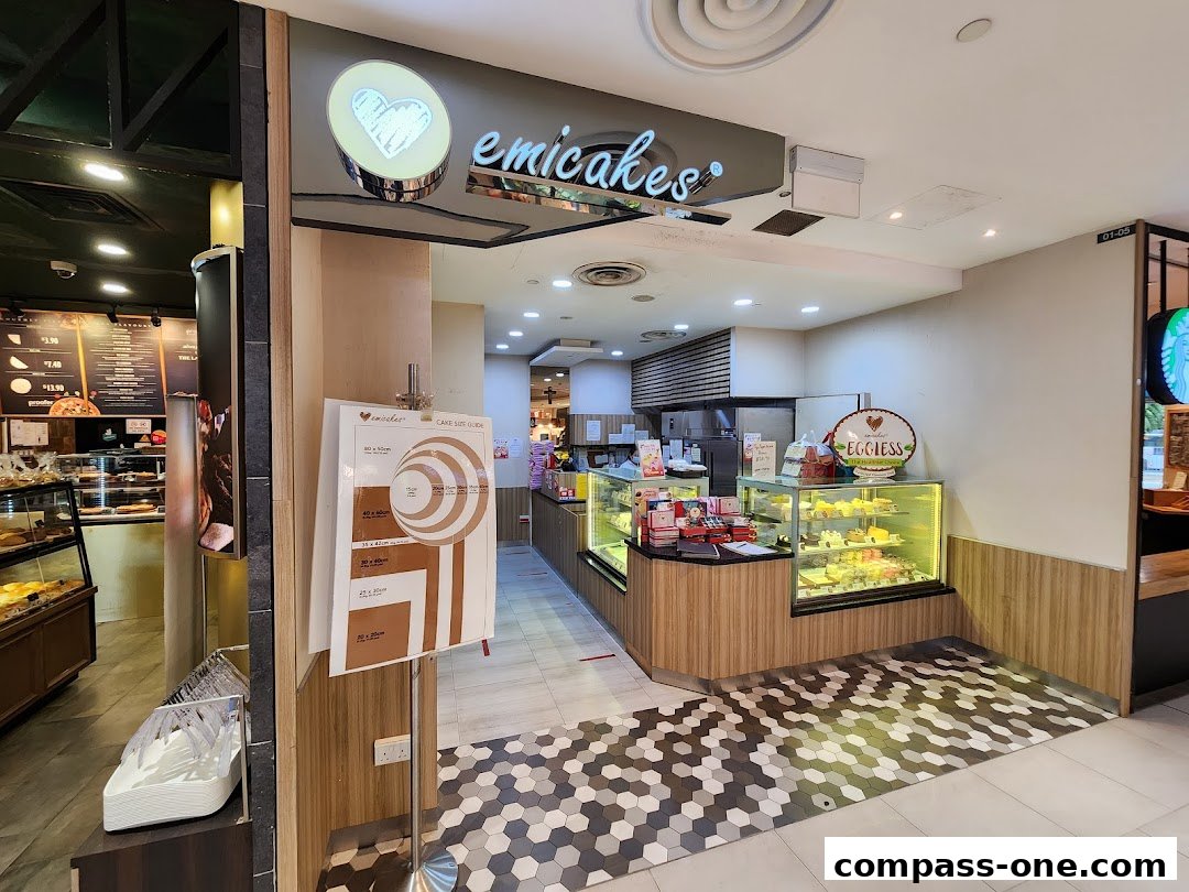 The exterior of Emicakes bakery, showcasing display cases filled with cakes and a cake size guide.