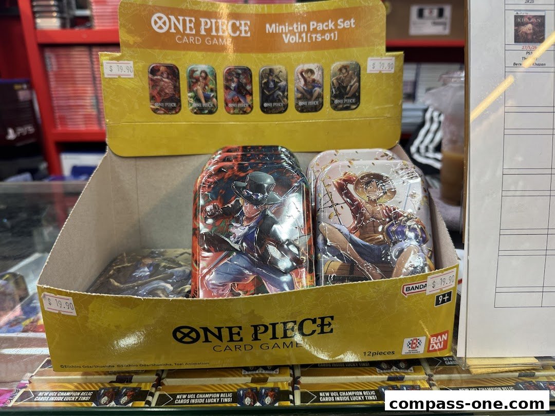 Display of One Piece Card Game mini-tin pack sets with character artwork.