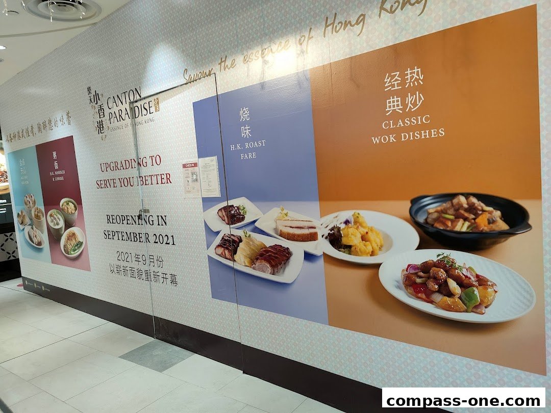A wall display for Canton Paradise announcing their reopening with images of Hong Kong cuisine.