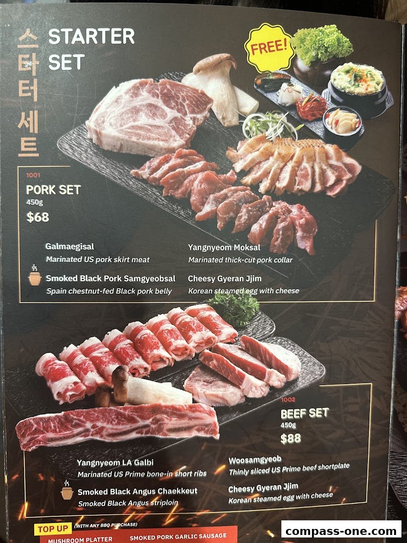 A menu showcasing Korean BBQ sets with pork and beef options, including descriptions and prices.