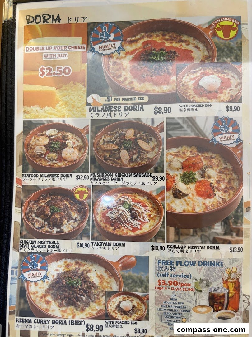 A menu showcasing various Doria dishes with enticing images and prices.