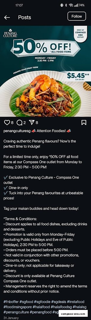 A promotional image for Penang Culture offering 50% off all food items during specific hours.
