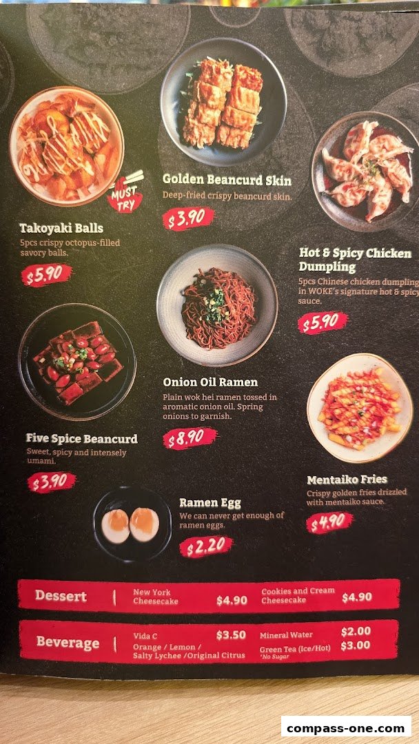 A menu showcasing various ramen dishes, appetizers, desserts, and beverages with prices.