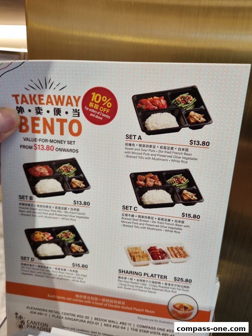 A takeaway bento menu from Canton Paradise featuring various set meals and a sharing platter.