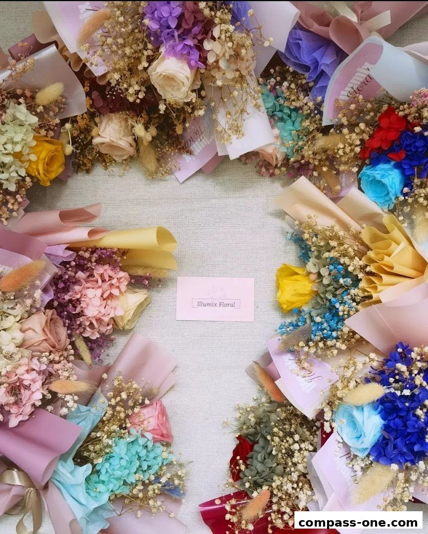 A collection of beautifully arranged preserved flower bouquets in various vibrant colors.