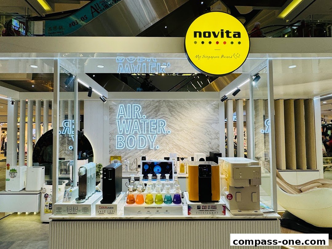Novita shop display featuring water purifiers and air purifiers with a slogan.