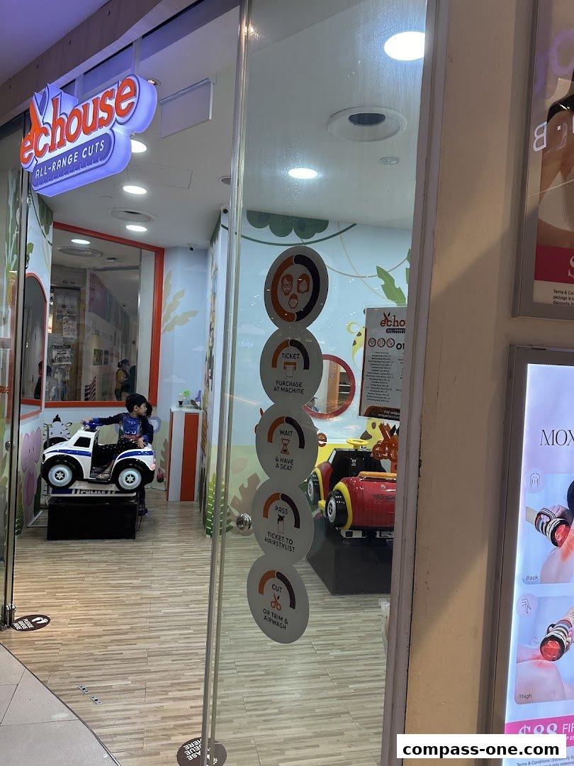 The entrance to EC House All Range Cuts, a children's hair salon with playful decor.