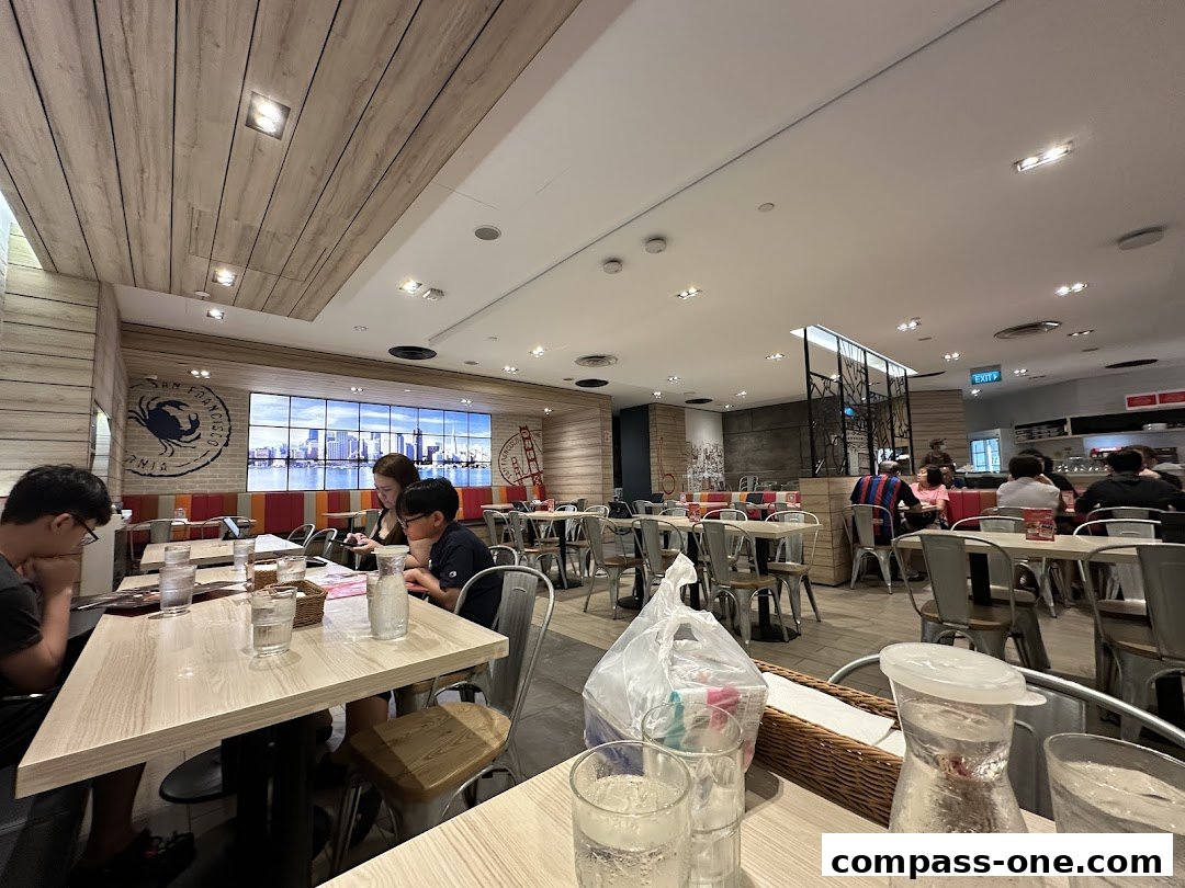 Interior of Swensen's restaurant with diners seated at tables and a large screen displaying a city skyline.