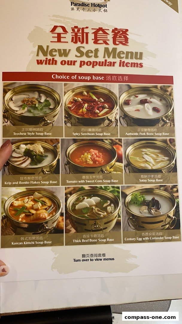 A menu showcasing various hotpot soup bases offered by Paradise Hotpot.