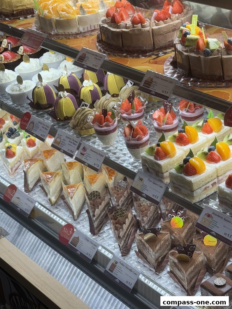 A display case filled with a variety of beautifully decorated cakes and desserts.