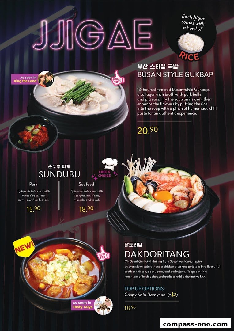 A menu showcasing various Korean Jjigae dishes with enticing descriptions and prices.
