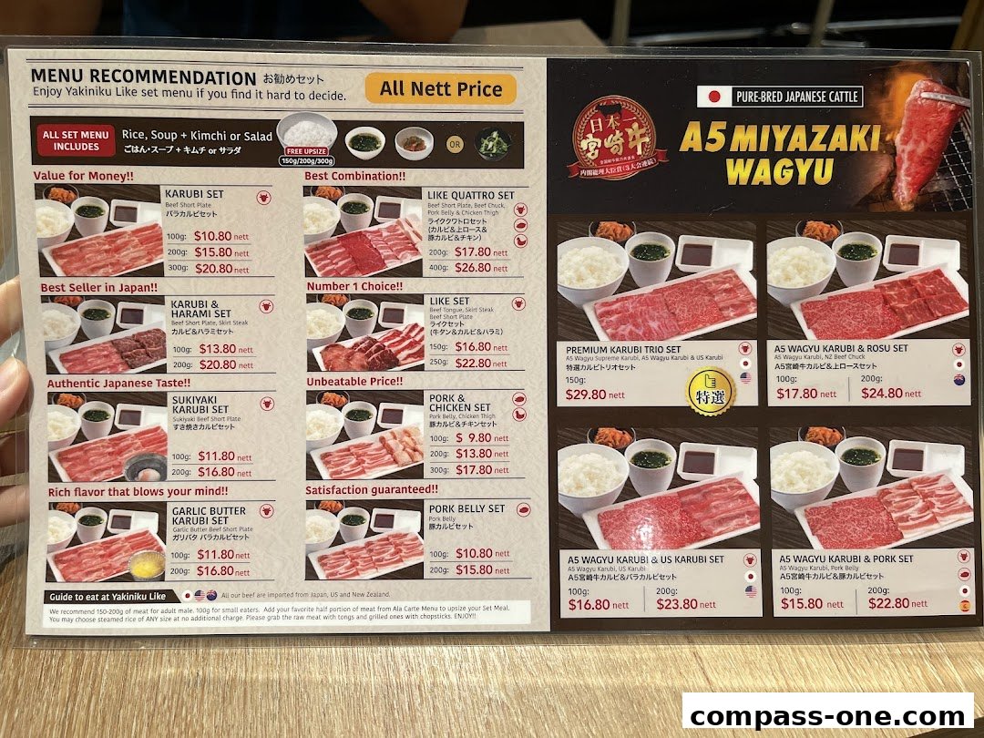 A menu showcasing various Yakiniku sets with different cuts of beef and prices.