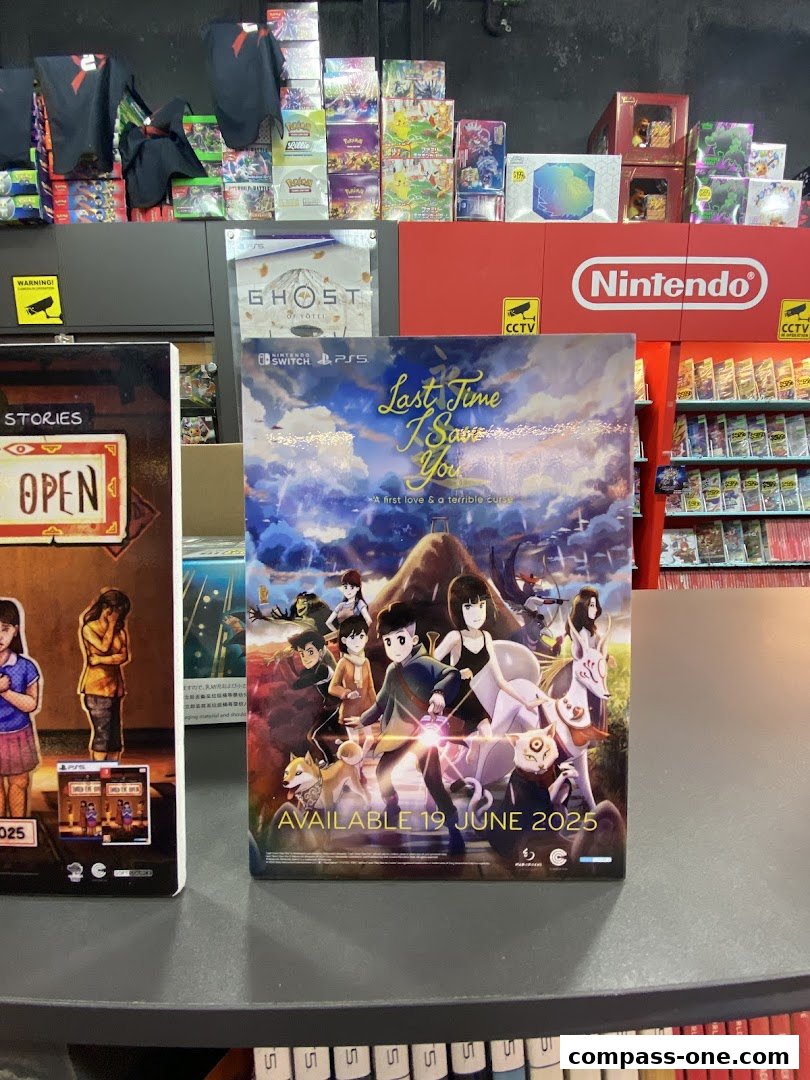 A display of video games and merchandise, including a Nintendo sign and game posters.