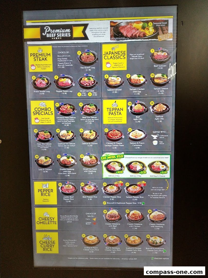 A menu board displaying various steak, pasta, rice, and omelette dishes with prices.