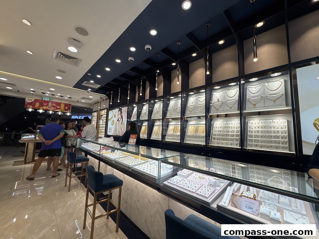 A well-lit jewelry store interior with display cases filled with gold necklaces and rings.