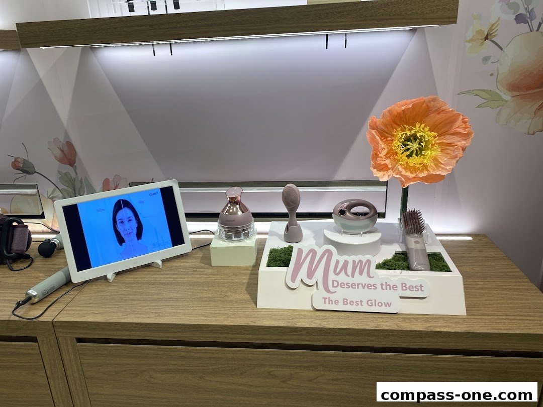 OSIM products displayed with a 'Mum Deserves the Best' sign and a large orange flower.