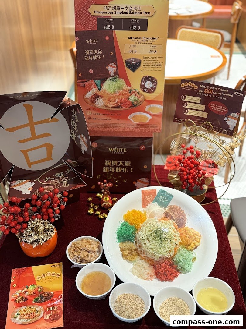 A festive display of a Prosperous Smoked Salmon Toss with various ingredients and promotional materials.
