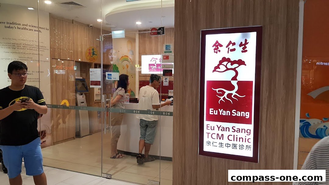 The entrance of Eu Yan Sang TCM Clinic with staff and customers at the counter.