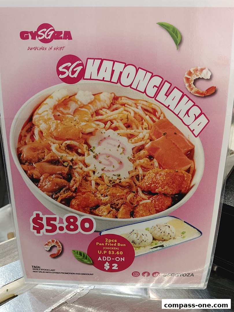 A promotional flyer for GYSGZA's SG Katong Laksa, featuring a bowl of laksa and an add-on option.