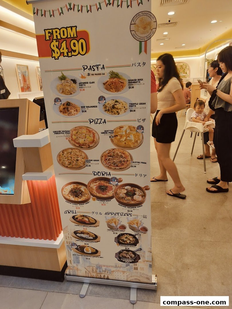 A menu banner displays various pasta, pizza, doria, grill, and appetizer dishes with prices.