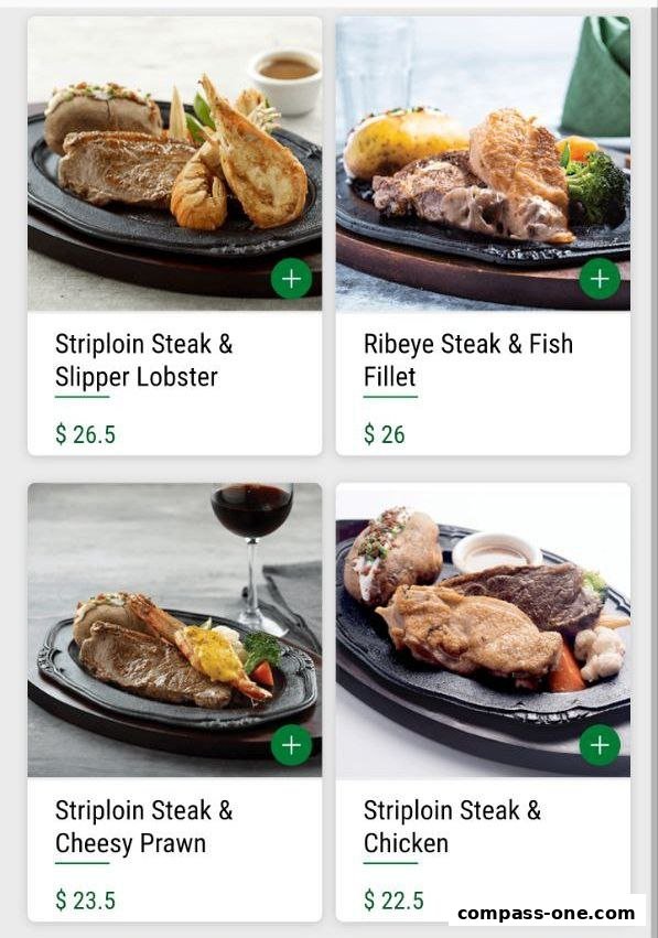 A display of four steak and seafood dishes with prices.