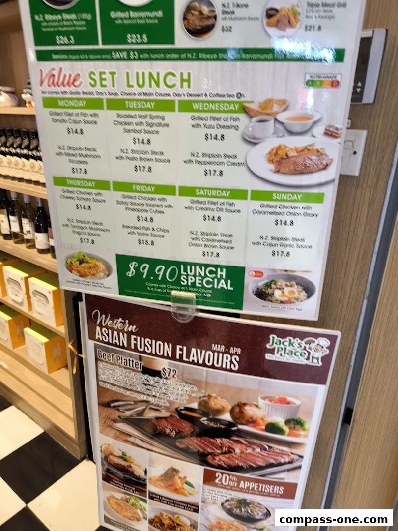 A menu board displaying various set lunch options and Western Asian fusion flavors.