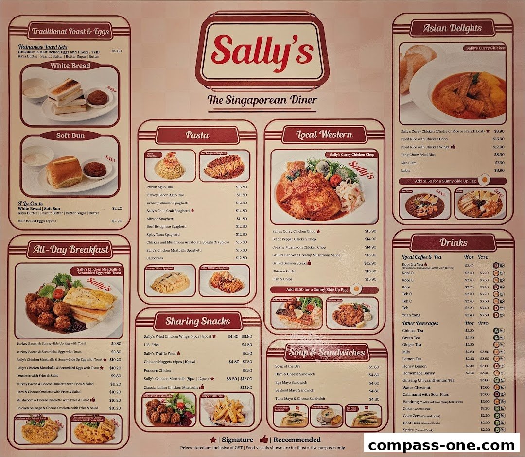 A menu from Sally's, a Singaporean diner, featuring traditional toast, pasta, local western, Asian delights, sharing snacks, soup & sandwiches, and drinks.