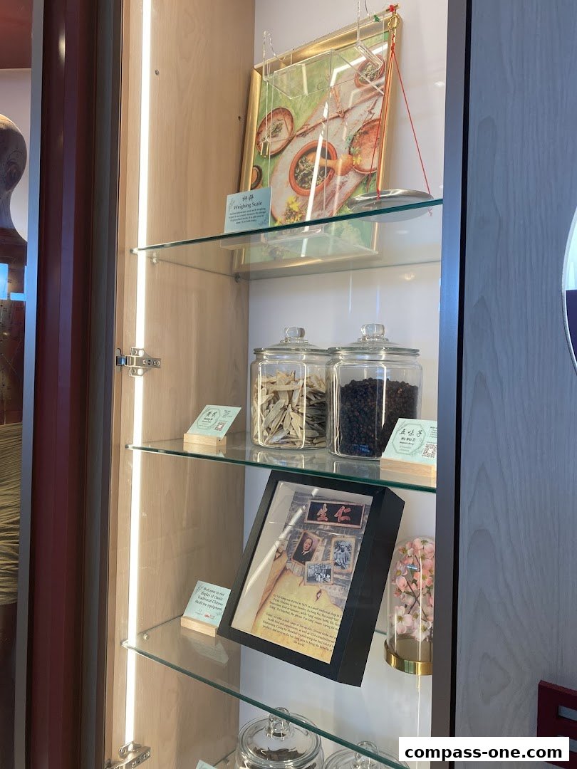 A display cabinet showcasing traditional Chinese medicine ingredients and historical items.