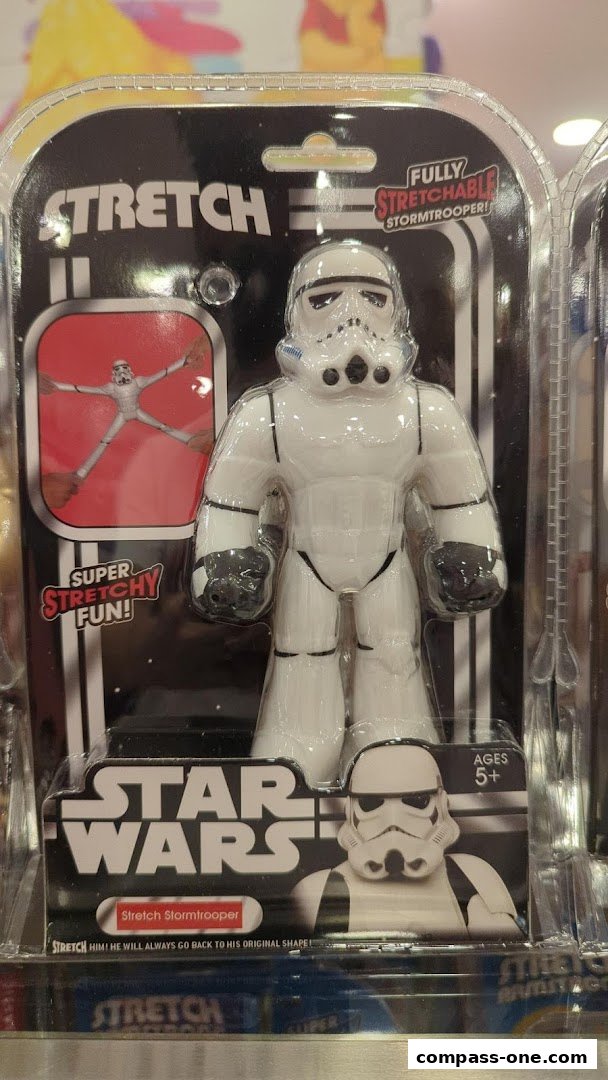 A packaged Star Wars Stretch Stormtrooper toy, designed for stretching and returning to its original shape.