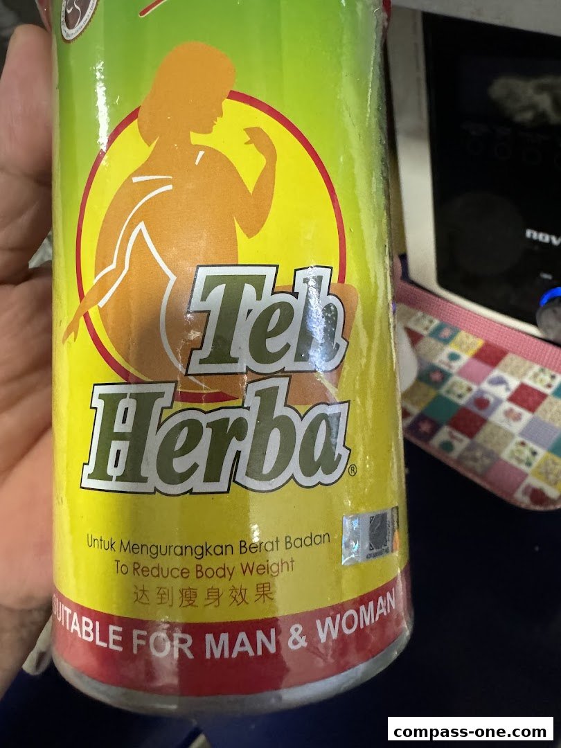 A close-up of a bottle of Teh Herba, a weight-reducing herbal tea.