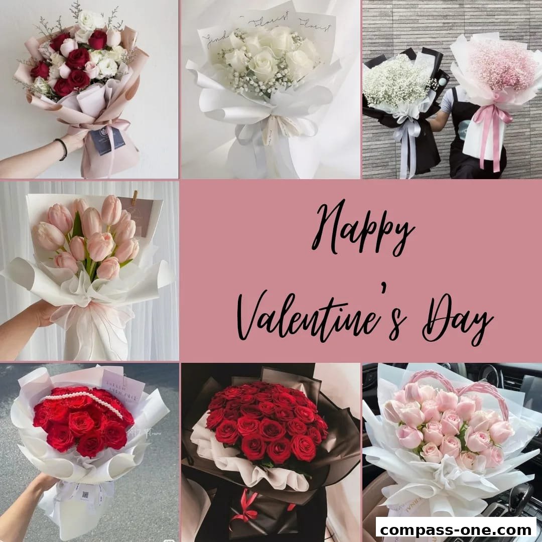 A collage of beautiful floral bouquets, including roses and tulips, with a Valentine's Day greeting.