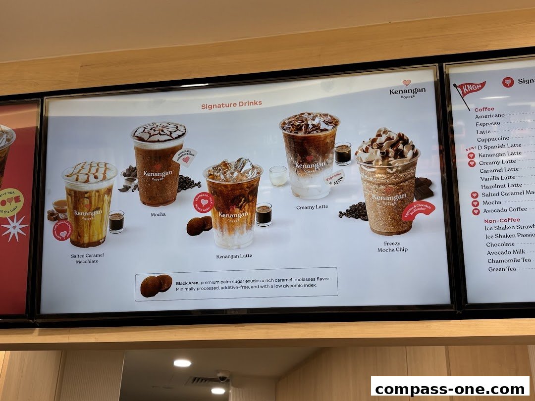 A menu board showcasing signature coffee drinks from Kenangan Coffee.