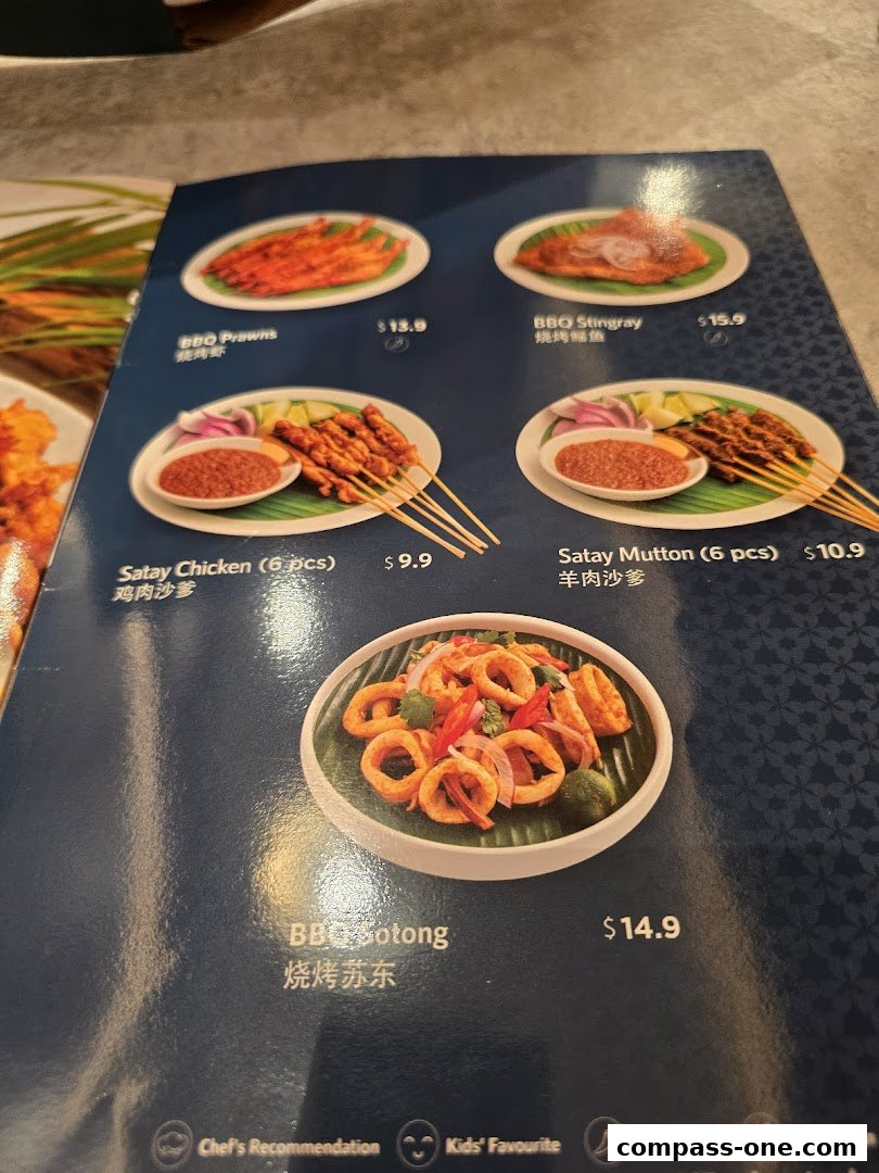 A menu from Penang Culture featuring BBQ Prawns, Stingray, Satay Chicken, Satay Mutton, and Sotong.