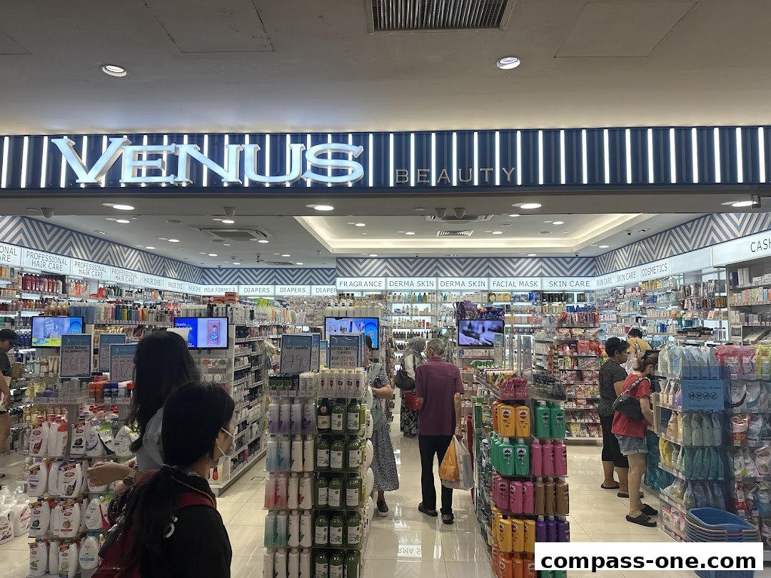 The entrance of Venus Beauty store, showcasing a wide variety of beauty and personal care products.