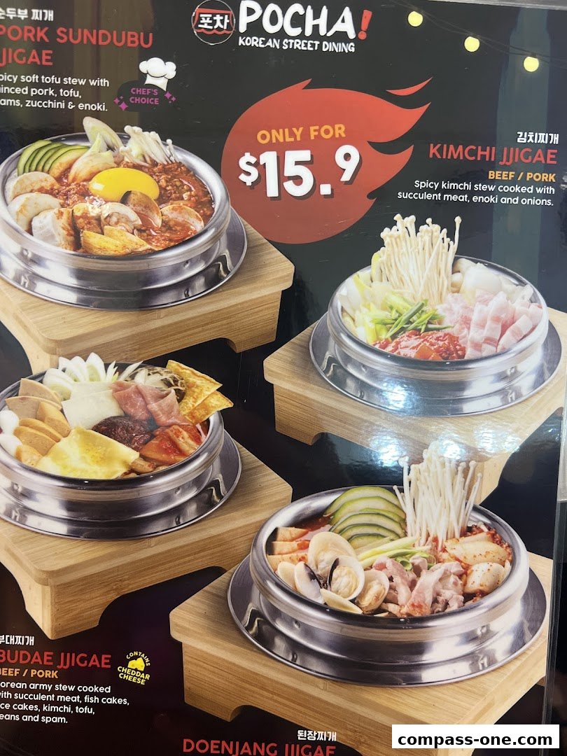 A menu display featuring four Korean stews with their names and descriptions.