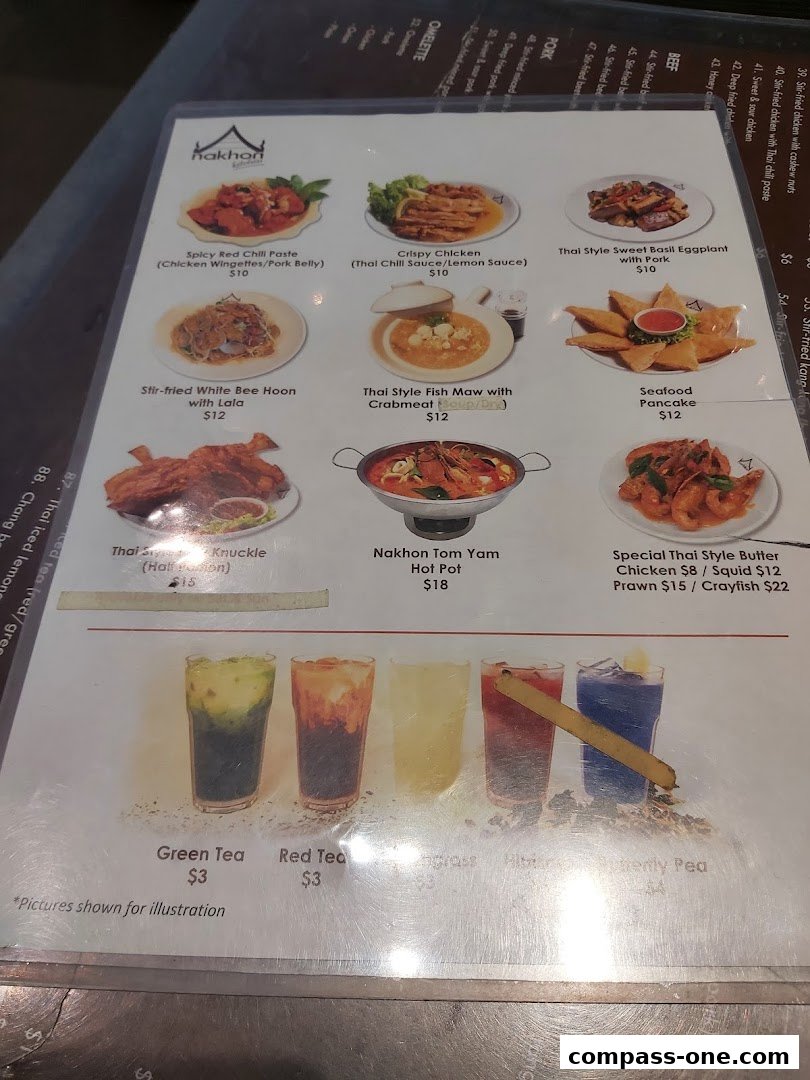 A menu from Nakhon Kitchen featuring various Thai dishes and drinks with prices.