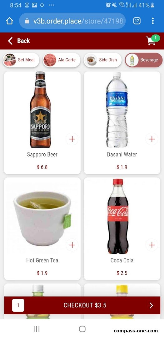 A mobile screen displaying beverages and drinks available for order.