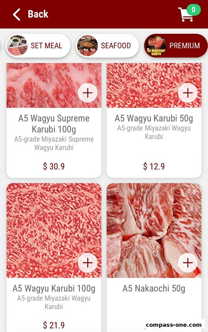 A digital menu showcasing premium A5 Wagyu beef cuts with prices.