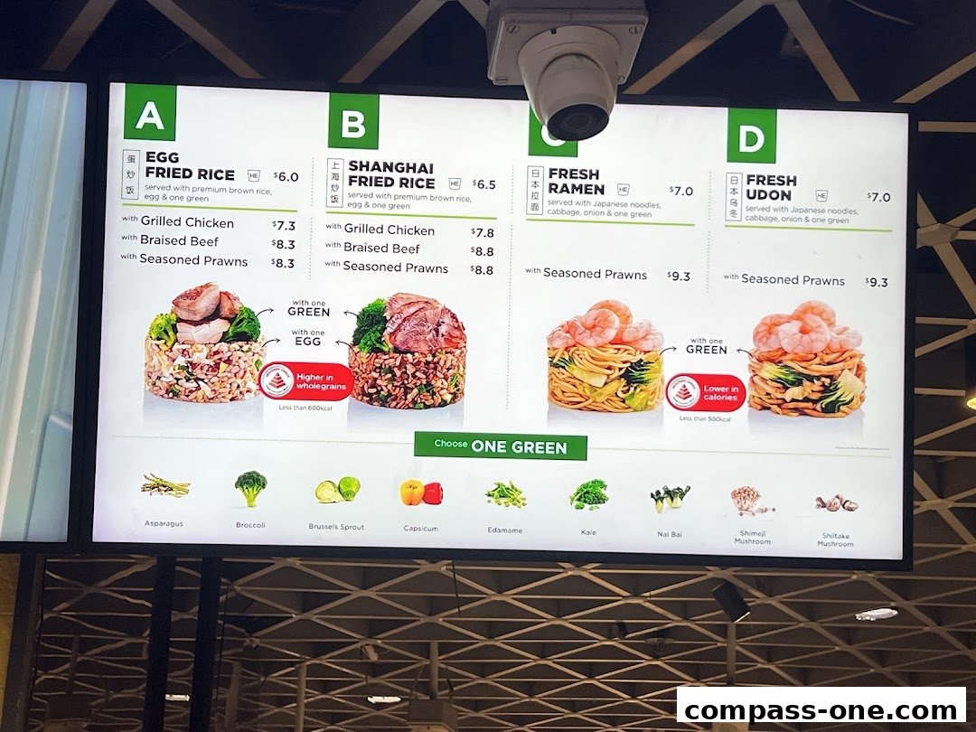 A digital menu board displaying various rice, ramen, and udon dishes with customizable options and prices.