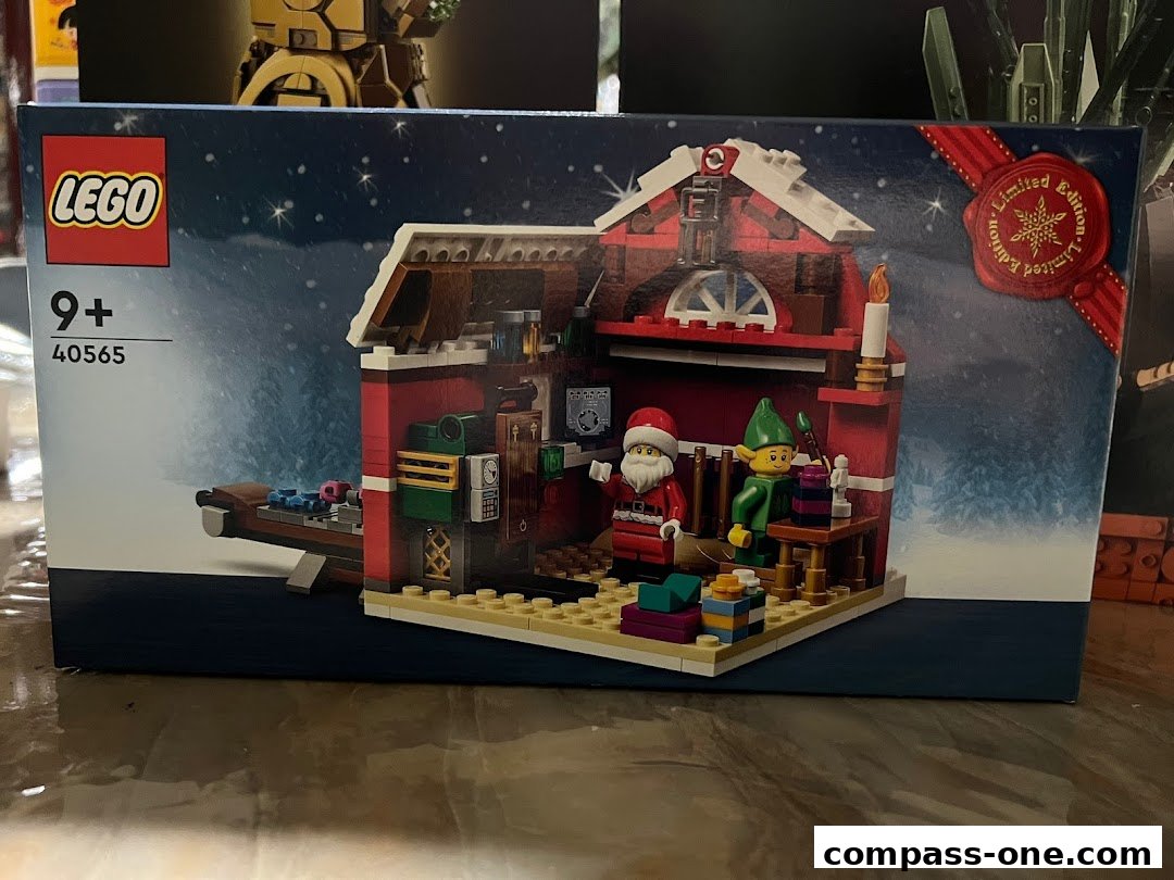 A LEGO set box featuring Santa and an elf in a workshop, with a 'Limited Edition' seal.