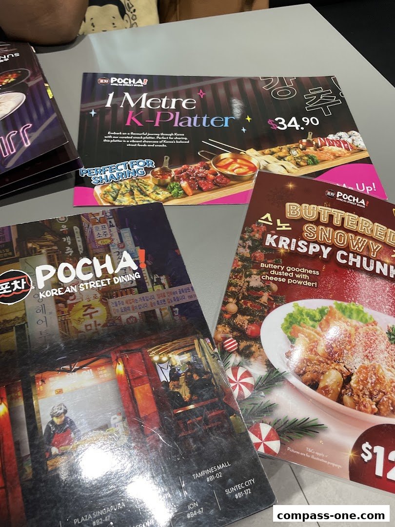 Brochures from POCHA! Korean Street Dining showcasing menu items and promotions.
