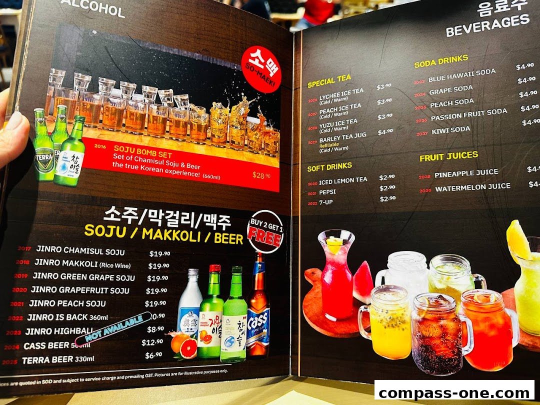 A menu featuring Korean alcoholic beverages like Soju and Makgeolli, along with various soft drinks and juices.