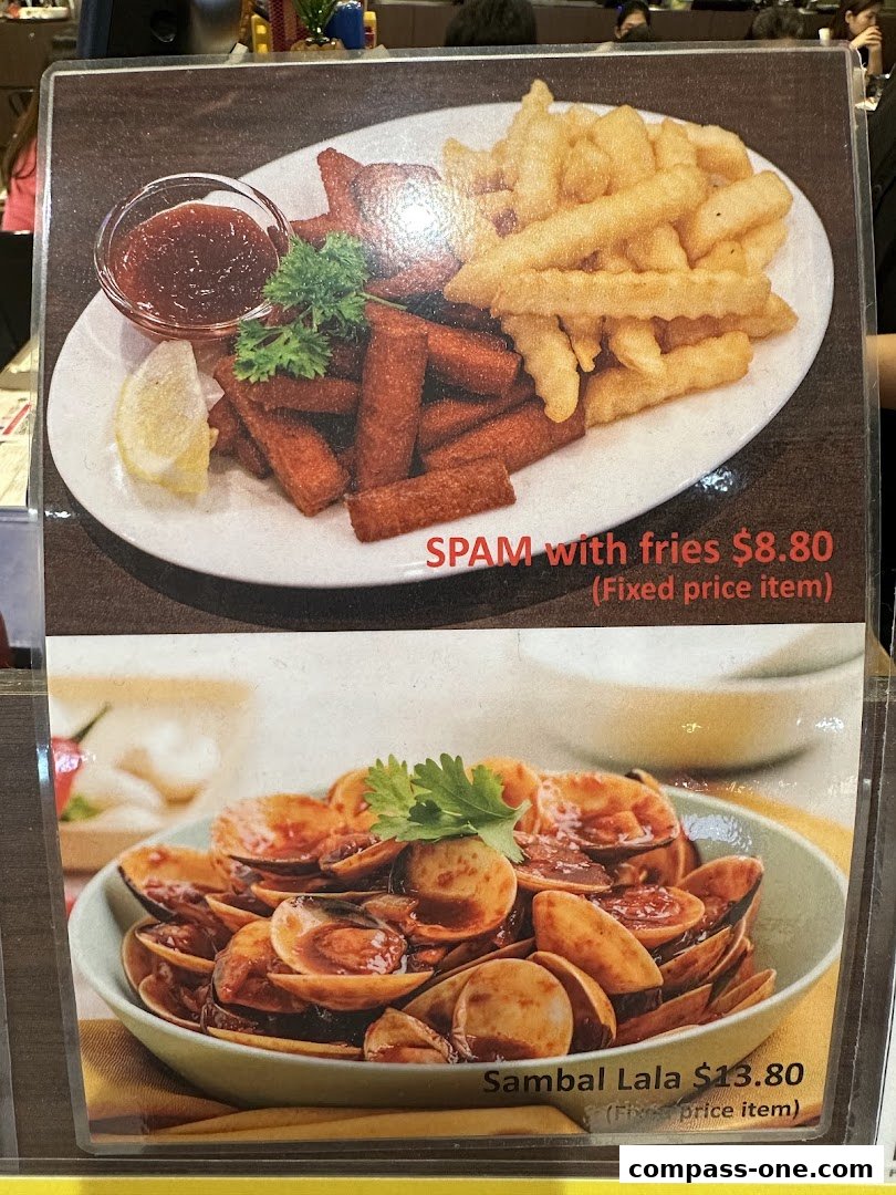 A menu featuring Spam with fries and Sambal Lala dishes.
