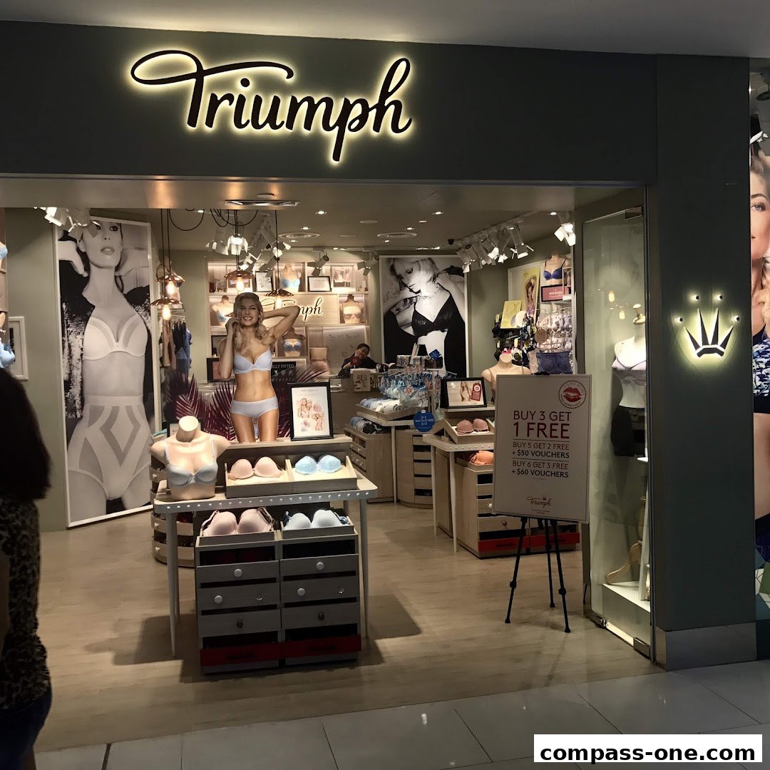The entrance of a Triumph lingerie store showcasing mannequins and promotional signage.