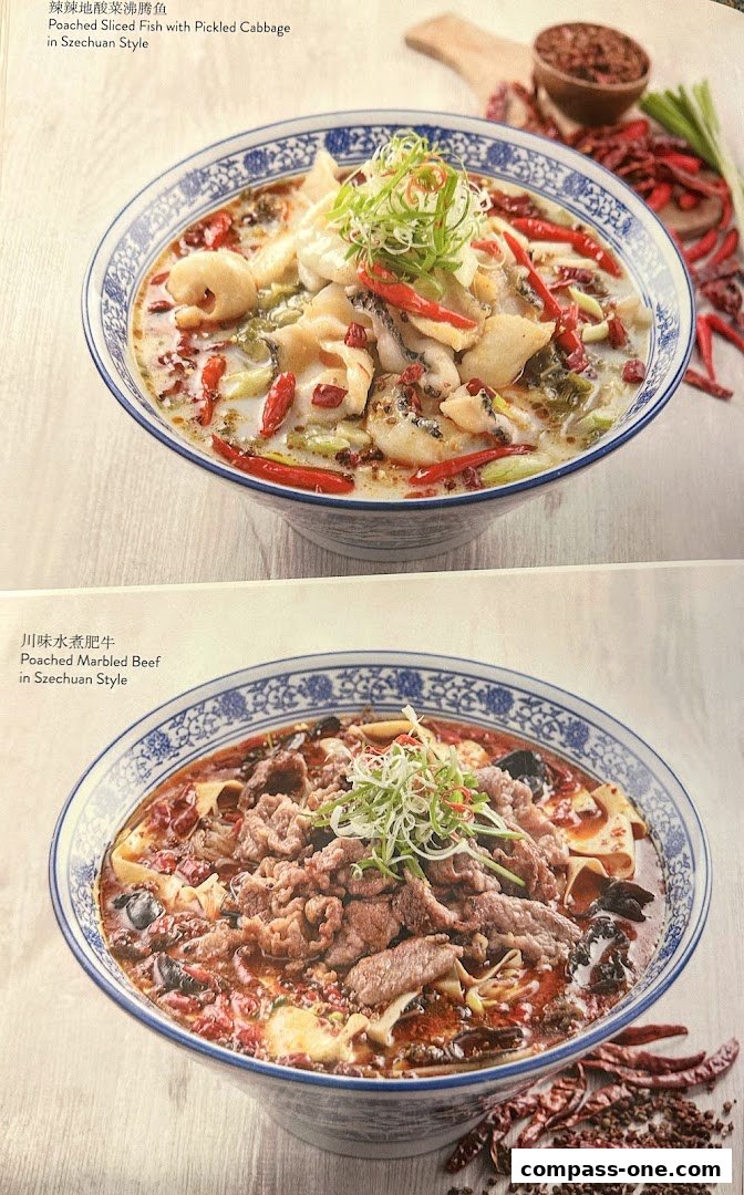 Two bowls of Szechuan-style dishes: poached fish with pickled cabbage and poached marbled beef.